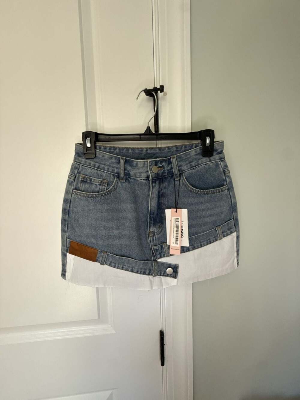 Micas Denim Mini Skirt Size XS Blue White Patchwork